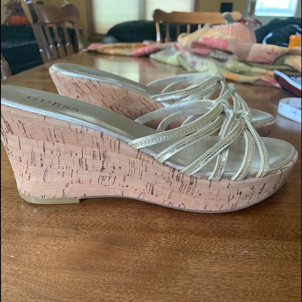 Authentic Guess Gold 3 inch cork heel sandal
